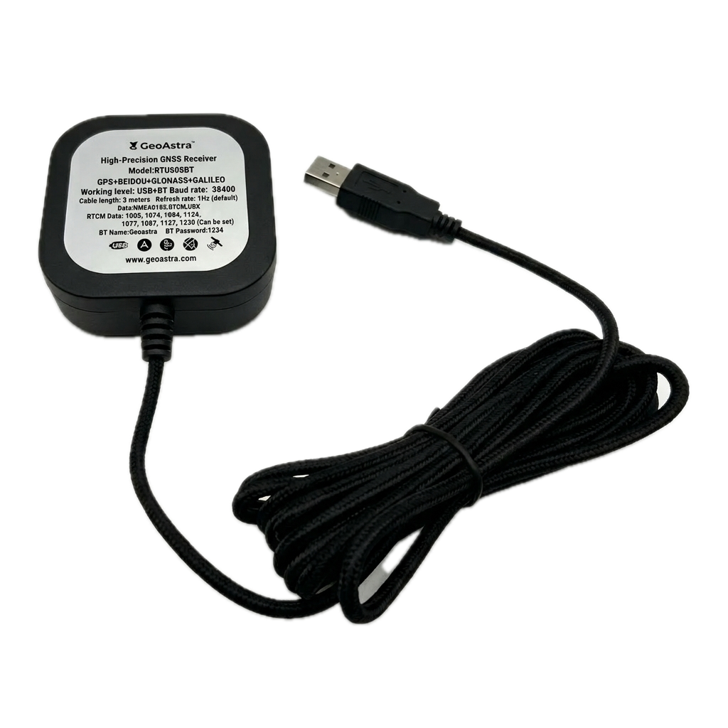 GeoAstra RTU608BT Industrial-Grade USB/Bluetooth RTK GNSS Receiver (ZED-F9P Multi-Band RTK, 30 cm Standalone Accuracy, up to 1.4 cm with RTK, Nylon Braided USB Cable, IP67 Waterproof, Operating Temperature: -40℃ to +85℃)